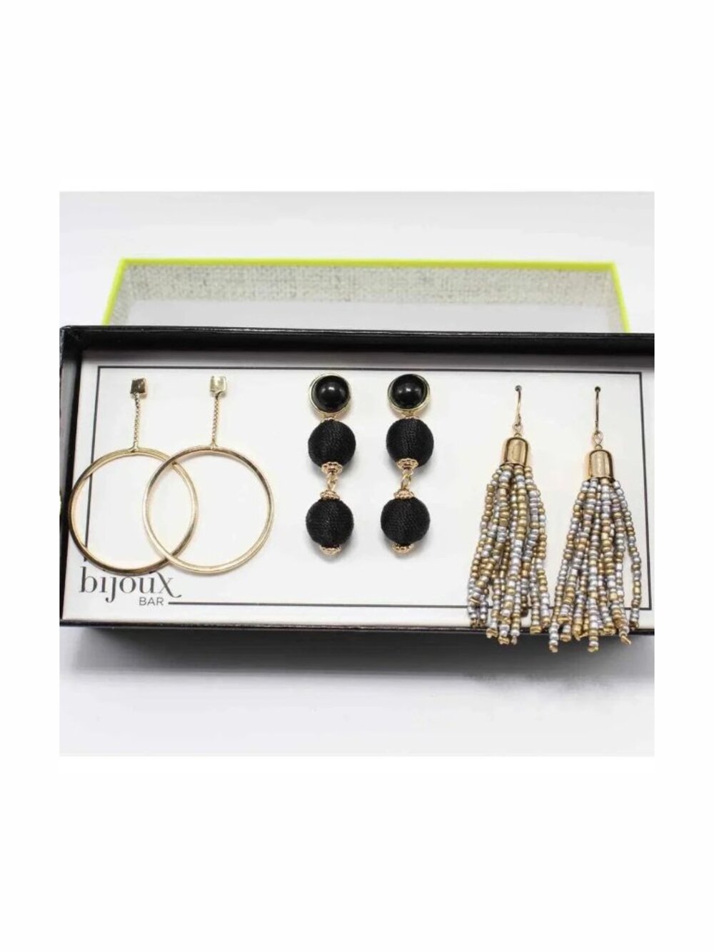 Bijoux Bar 3 Pair Dangle Earrings-Gold Black Tan Tassels Hoops Balls In Box m657